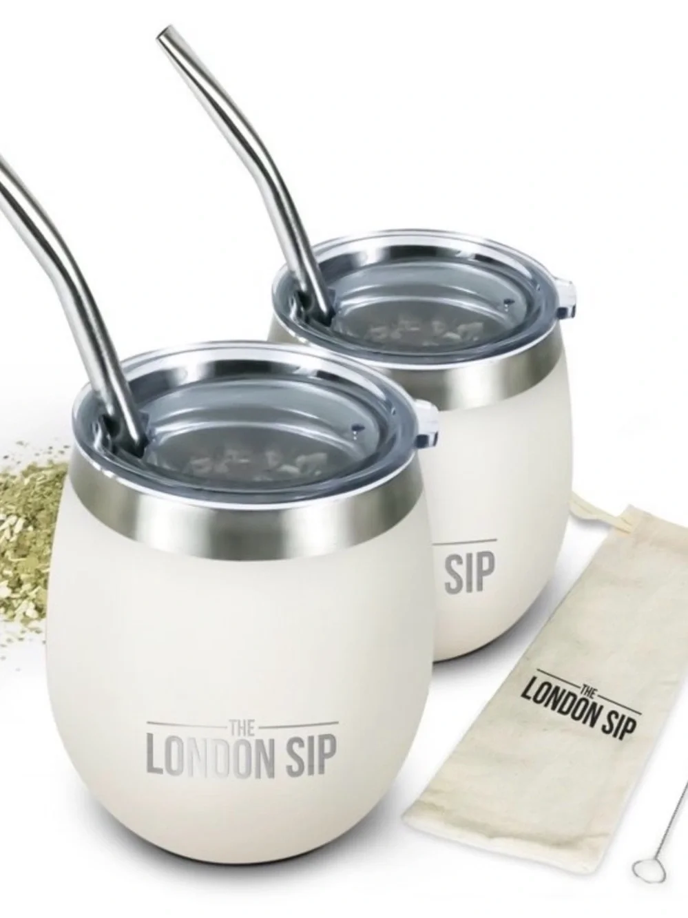 NEW London Sip White Insulated Double Mate Cups with Lids and Straws